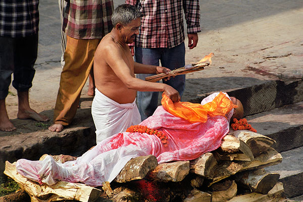 Last Rites At A Cremation Funeral, Pashupatinath Temple, Kathmandu, Nepal